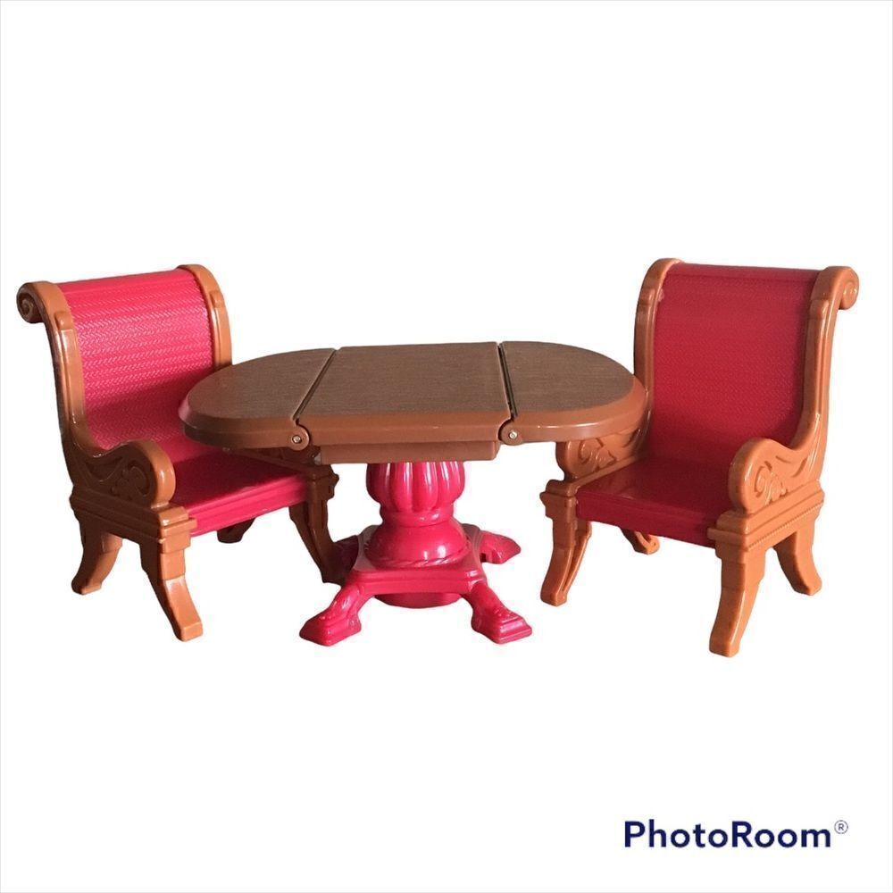 Fisher Price Loving Family Dollhouse Brown Dining Room Table 2 Red Chairs